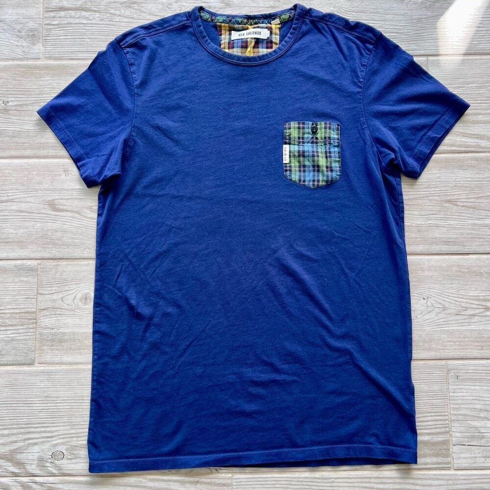 Ben Sherman Mens Blue Plaid‎ Pocket Detail Crew Neck Short Sleeve T-Shirt Small